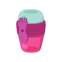 Pink plastic container for food vector illustration. Eco-friendly container for meal with fork or spoon for lunch at school or office on white background. Lunch break, food, accessories concept