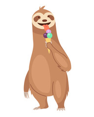 Sloth character eating icecream. Cute cartoon sloth-bear character. Funny lazy animal, hand drawn clip art illustration. Jungle rainforest sloth. Tropical mammal or adorable sloth
