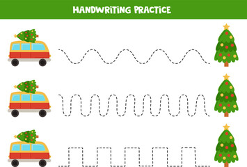 Tracing lines for kids. cartoon vans and trees. Writing practice.