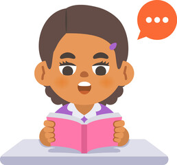 a black girl study reading the book on the desk, illustration cartoon character vector design on white background. kid and education concept.