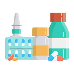 Medical bottle with label. Flat vector illustration.