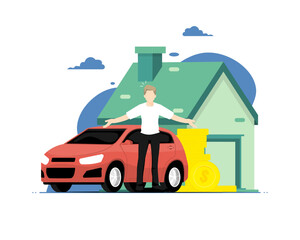 Personal property concept, Human standing with personal car and housing, Digital marketing illustration.