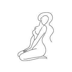 Beauty young woman sitting. Body Care for spa salon, eco cosmetics vector icons in sketch style.