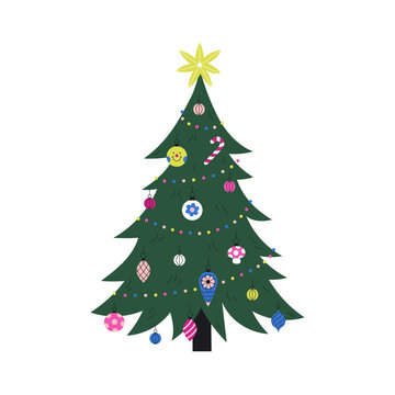 Cute cartoon Christmas Tree with a star and other decorations.