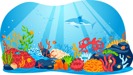 Sea nature, marine ocean tropical underwater wildlife, vector illustration. Fish in summer water, shark animal at drawing coral background