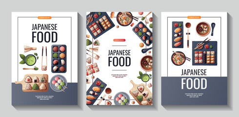 Set of flyers with Sushi, Miso soup, ramen, onigiri, dango, mochi, matcha tea. Japanese food, healthy eating, cooking, menu concept. Vector illustration. Banner, promo, flyer, advertising.