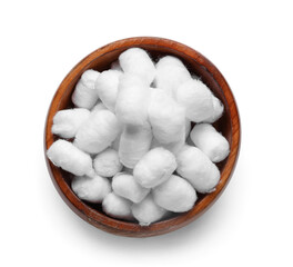Bowl of soft cotton balls on light background