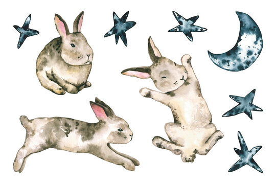 Set of watercolor rabbits, moon and stars. Hand drawn illustration is isolated on white. Cute animals is perfect for children design, baby poster, vinyl stickers