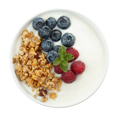 Yoghurt with blueberries, granola and mint, top view, food on transparent background with PNG.
