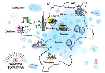 冬の福岡県の観光地のシンプル線画イラストマップ