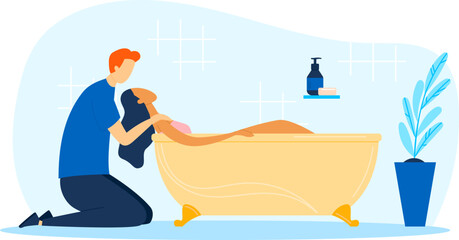 Woman take bath, couple at bathroom together, vector illustration. Man cartoon character near bathtub, romantic relationship.