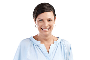 Cropped portrait of an attractive young woman posing in studio against an isolated transparent png background.