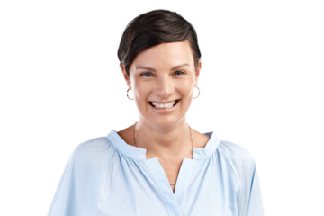 Cropped portrait of an attractive young woman posing in studio against an isolated transparent png background.