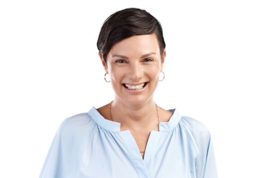 Cropped portrait of an attractive young woman posing in studio against an isolated transparent png background.