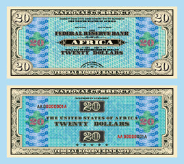 Fototapeta premium Vector fictional African money with a face value of 20 dollars. Obverse and reverse of the banknote with a guilloche frame and a geometric pattern. The United States of Africa