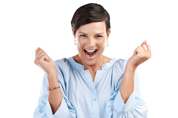 Cropped portrait of an attractive young woman cheering in studio against an isolated transparent png background.