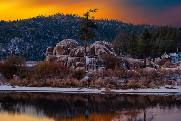 Beautiful view Big Bear Lake with  snow. Big Bear,