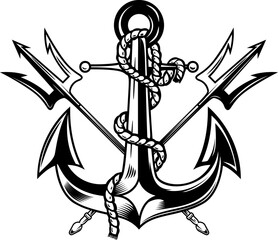 Illustration of sea anchor with crossed tridents. Design element for logo, sign, emblem. Vector illustration
