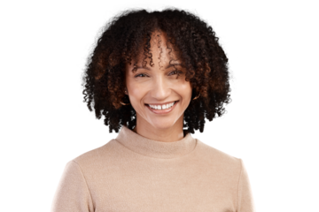 Cropped portrait of an attractive young woman posing in studio against an isolated transparent png background.