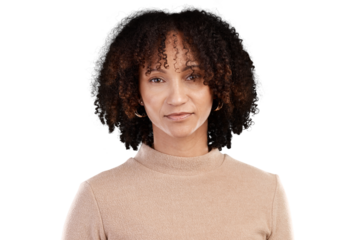 Cropped portrait of an attractive young woman posing in studio against an isolated transparent png background.