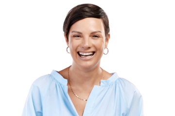 Cropped portrait of an attractive young woman posing in studio against an isolated transparent png background.