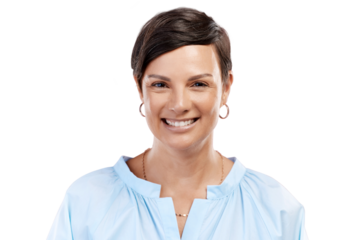 Cropped portrait of an attractive young woman posing in studio against an isolated transparent png background.