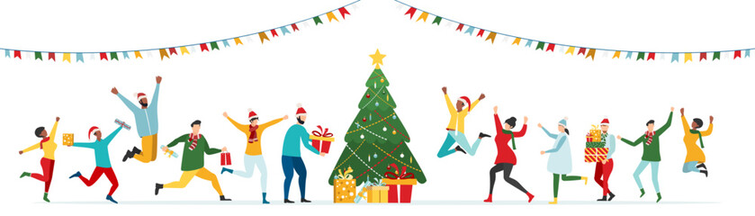 Happy people at a Christmas and New Year's corporate party. Positive men and women dancing and having fun. Set of modern vector characters.