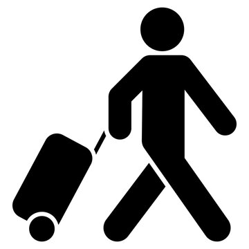 Icono aislado de hombre caminando con maleta de viaje