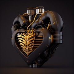 Matte black with gold heart of the robot on dark background. Robotic sci-fi replacement organ. AI generated image.