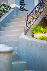 Gray cement stairs with black metal hand rail and front yard potted plants with shrubs front door entrance in late afternoon shade