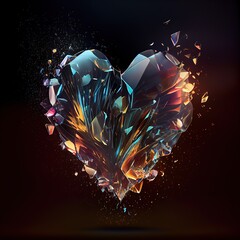 Exploding brilliant crystal heart isolated on black background. Ice and fire concept design. AI generated image.