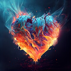 Iced heart in fire and smoke smoke on black background. St. Valentine's Day card idea for couples. Burning glow of passion. AI generated image.