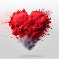 Red exploding heart made from powder on white background. Freeze shape motion of color powder explosion. St. Valentine's Day card creative idea. AI generated image. 