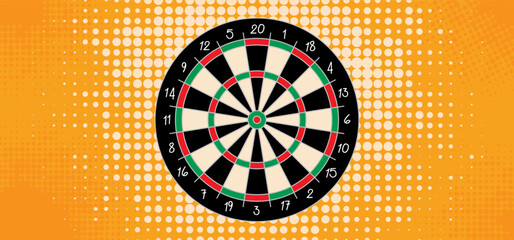 Cartoon dart board symbol. Dartboard icon. color, twenty, black, green or white game board, darts game. Target competition sign. Sports equipment and arrows. Throw single, double, triple or bullseye