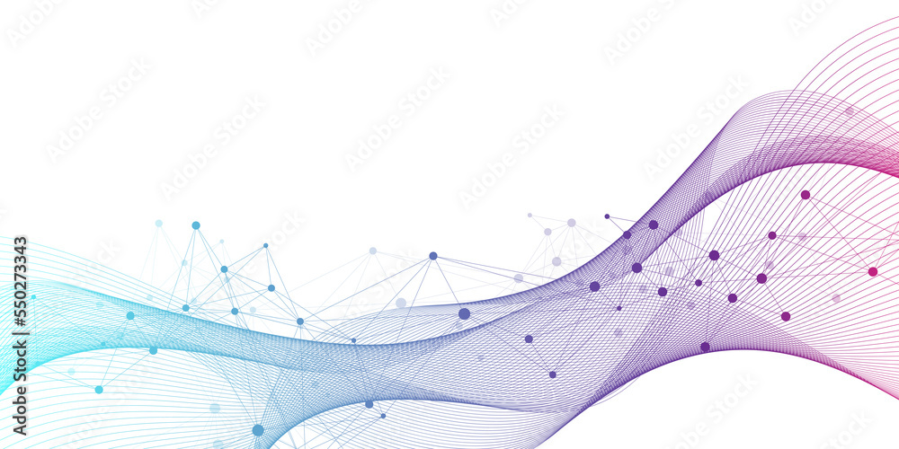 Poster Geometric abstract background with connected lines and dots. Connectivity flow point. Molecule and communication background. Graphic connection illustration background for your design.