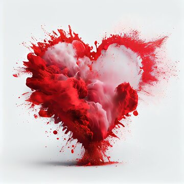 Red exploding heart made from powder on white background. Freeze shape motion of color powder explosion. St. Valentine's Day card creative idea. AI generated image. 