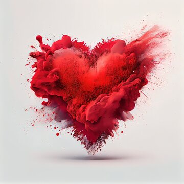 Red exploding heart made from powder on white background. Freeze shape motion of color powder explosion. St. Valentine's Day card creative idea. AI generated image. 