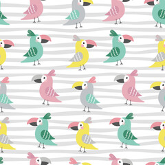 Tropical funny birds seamless pattern. Vector colorful parrots in simple flat hand-drawn cartoon style. Print for baby textile, clothing, wallpaper, packaging