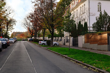 Fototapeta na wymiar View of city street with trees and road on autumn day