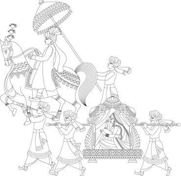 vector illustration of an Indian wedding invitation card, bride on elephant back in the procession 'Baraat' in Hindi means a groom's wedding procession in India and Pakistan.