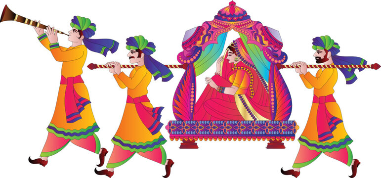 vector illustration of an Indian wedding invitation card, bride on elephant back in the procession 'Baraat' in Hindi means a groom's wedding procession in India and Pakistan.