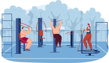 Fitness workout at sport ground, person training outdoor with gym equipment, vector illustration. Doing exercise for healthy strong athletic body.