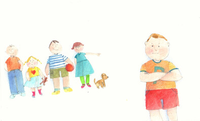 illustration in watercolor and crayons of children mocking on a boy