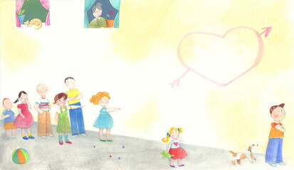 illustration in collage, watercolor and crayons of children mocking at a boy