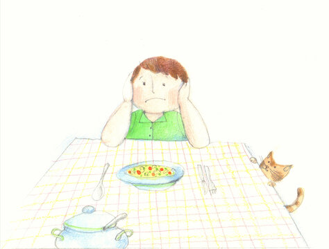 illustration in watercolor and crayons of a boy at the table who wouldn&acute;t eat