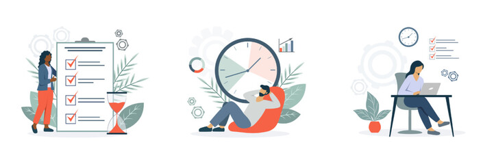 Time management vector illustration set. The concept of time management and organization of the schedule, the successful organization of your tasks and meetings, time and schedule management, project 