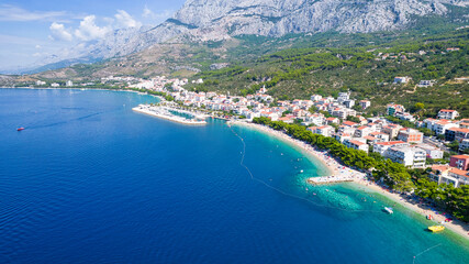 Aerial view of Brela and Punta Rata beach on Makarska riviera, Dalmatia region of Croatia