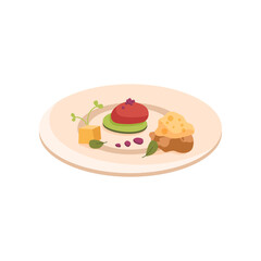 Molecular red and yellow food on plate cartoon illustration. Side view of molecular dish. Scientific approach to cooking. Luxury food, course, gastronomy, chemistry concept