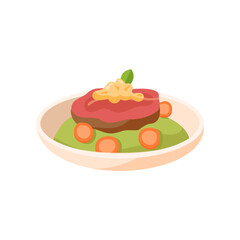 Molecular food served in bowl cartoon illustration. Side view of molecular dish. Scientific approach to cooking. Luxury food, course, gastronomy, chemistry concept