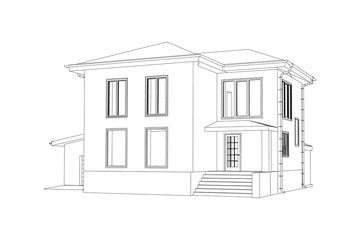 Vector wireframe perspective of luxury modern house exterior. 3D vector model of cottage isolated on white background.